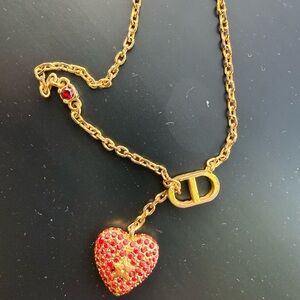 Dior Gold Tone Heart Pendant Necklace with Red Stones and CD Charm